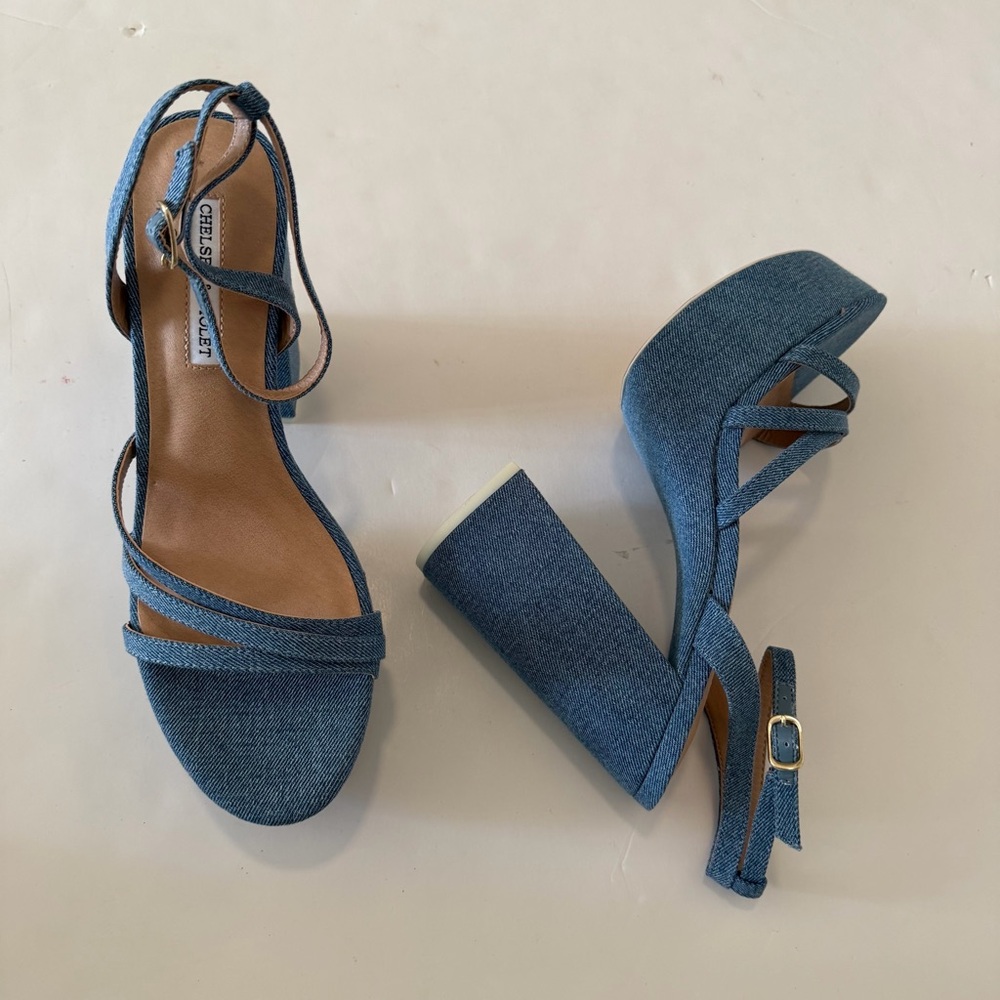 Chelsea & Violet Denim Blue Strappy Platform Heels Sandals - Picture 5 of 6